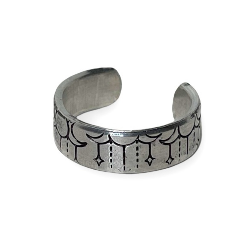 Handmade 9/10 stamped celestial boho moon pattern hypoallergenic adjustable ring